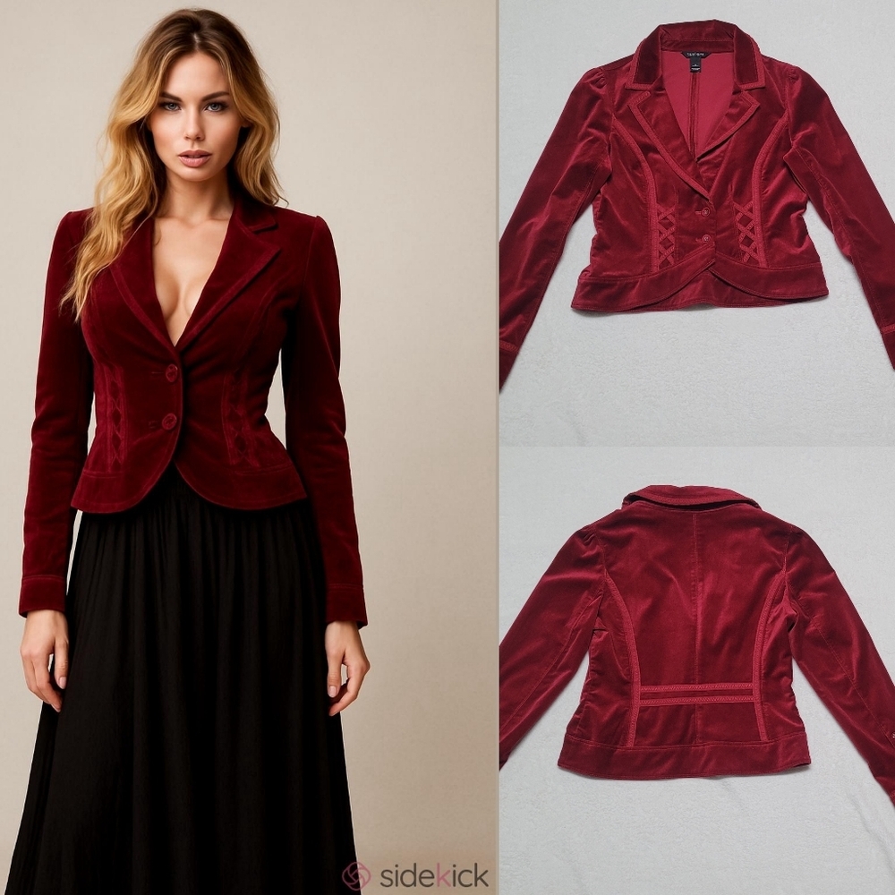 White House Black Market Vintage 90s Ruby Red Velvet Corset Style Cropped Jacket - Picture 1 of 11